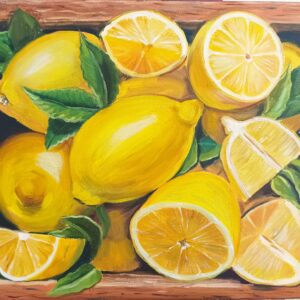 картина лимони, маслени бои върху платно, ръчно рисувана от художник, ярки жълти лимони